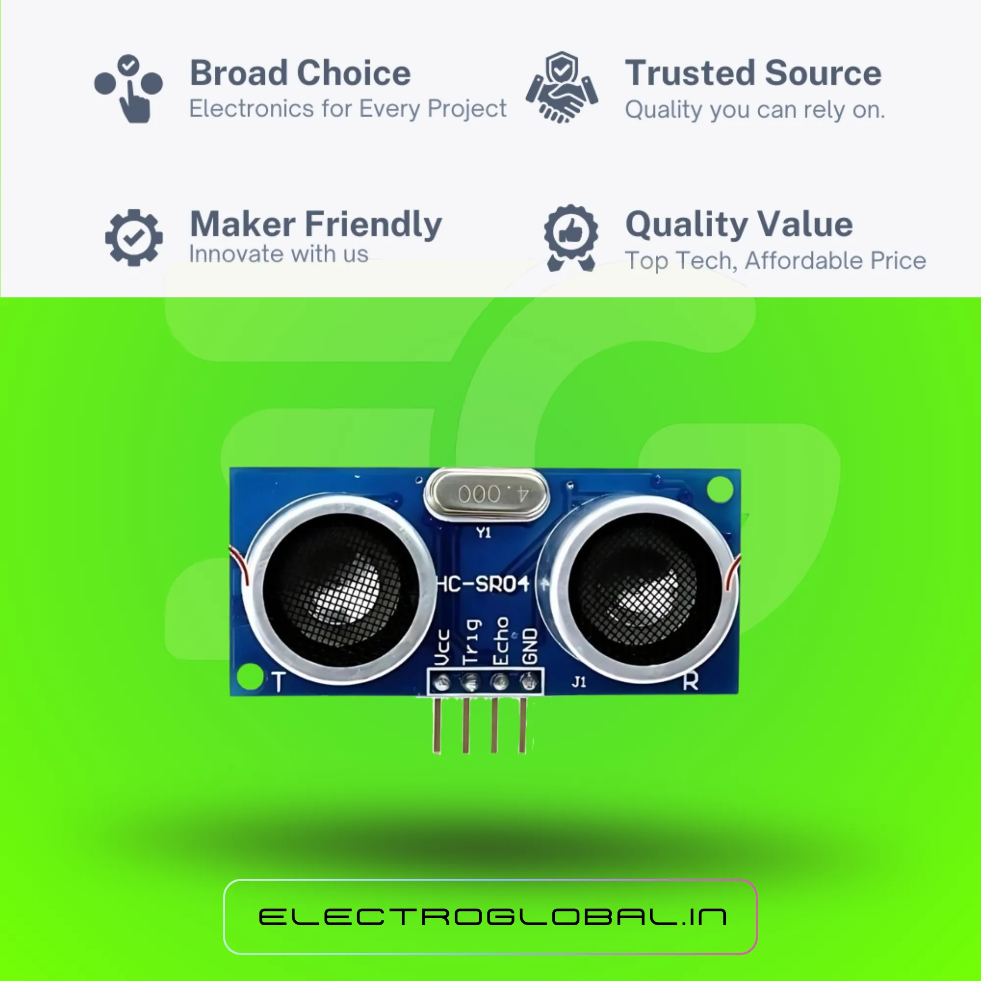HC-SR04 Ultrasonic Sensor Module ideal for Arduino distance measurement, obstacle detection, robotics prototyping, smart sensor experiments and educational electronics projects 5