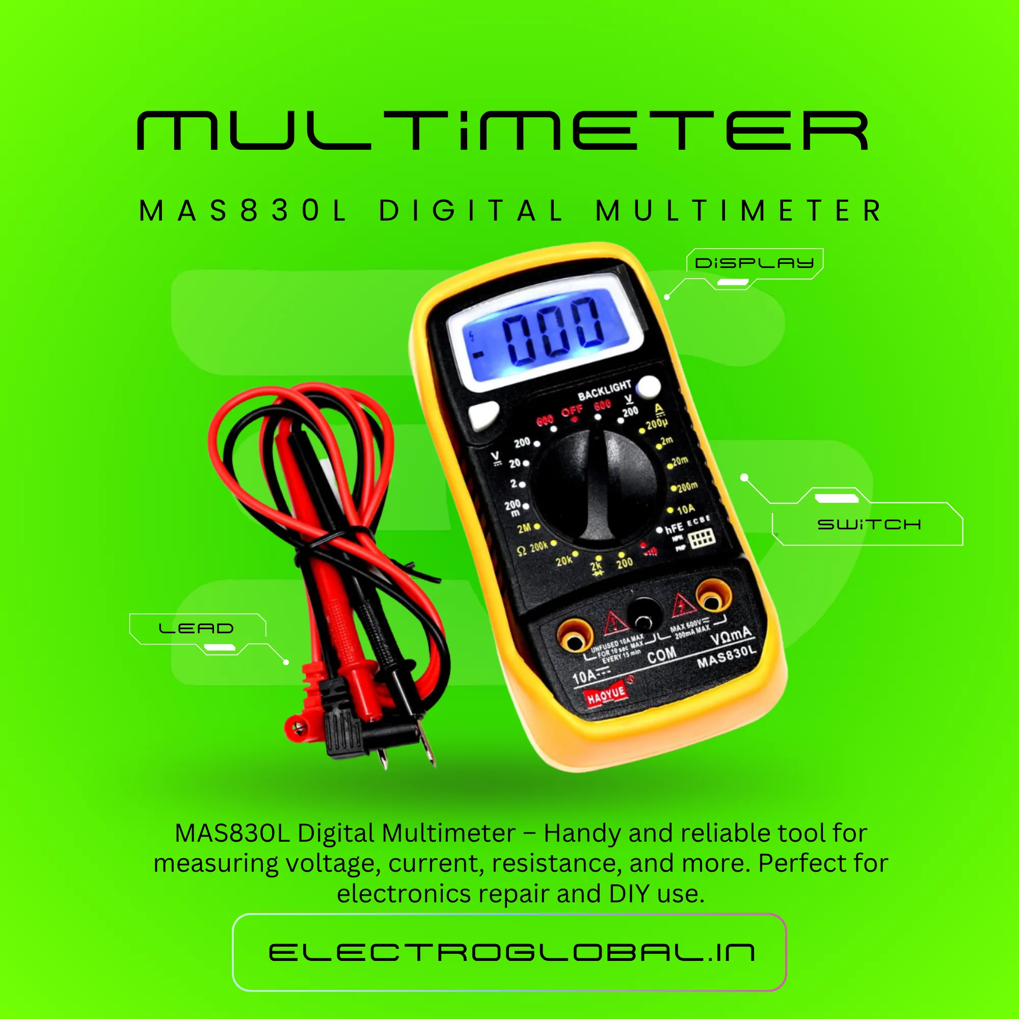 MAS830L Handheld Digital Multimeter supports multi meter ac dc digital, dc multimeter, best multimeter, digital multimeter, multimeter readings. 2