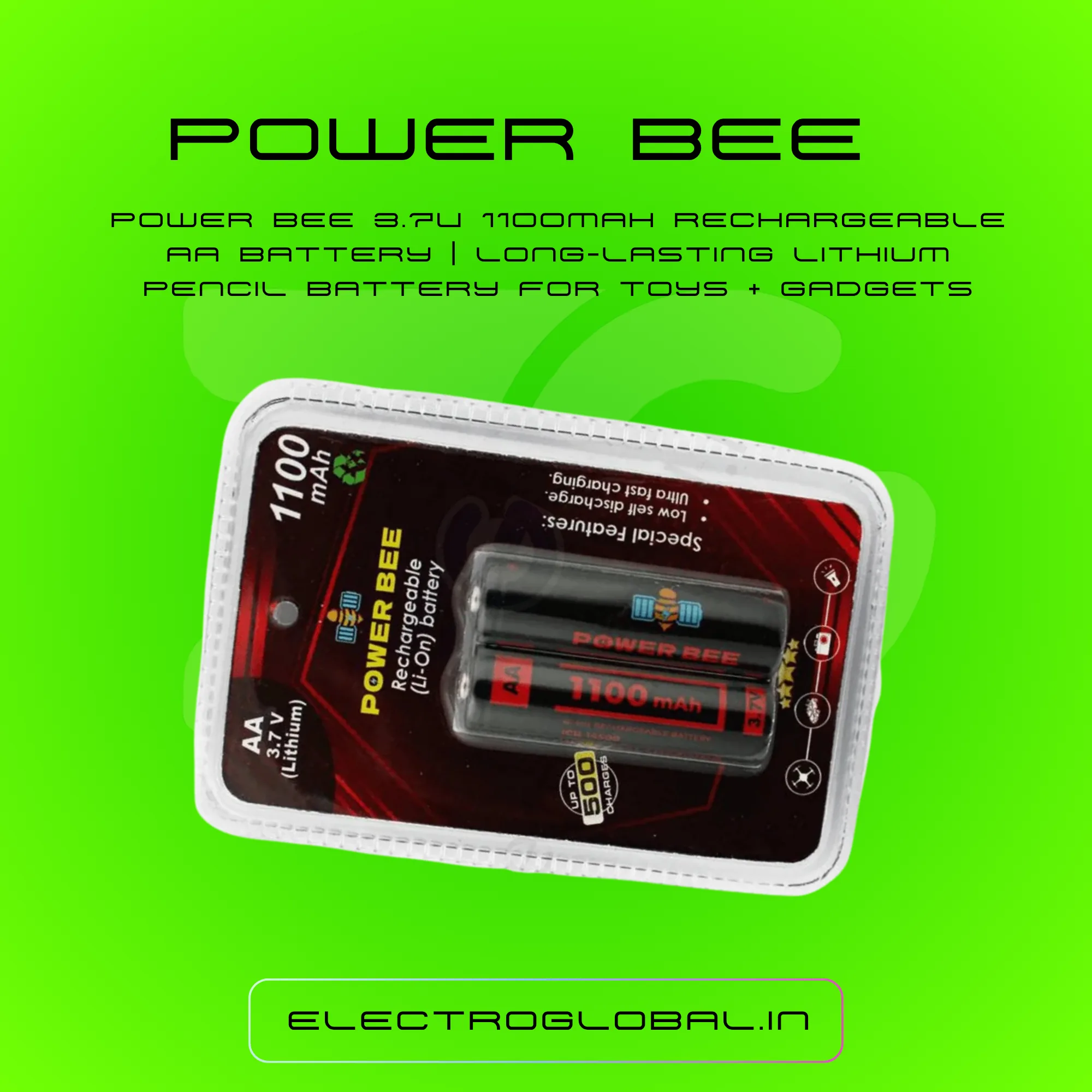 Power Bee AA 3.7V 1100mAh Rechargeable Battery, Best for Trimmer, Compatible with Rechargeable Cells, Pencil Cell, AA Battery 2