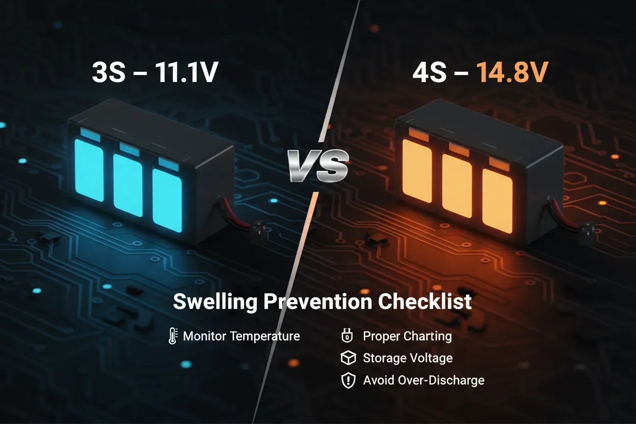 3S vs 4S LiPo battery comparison with voltage ratings and swelling prevention tips for safe battery maintenance.