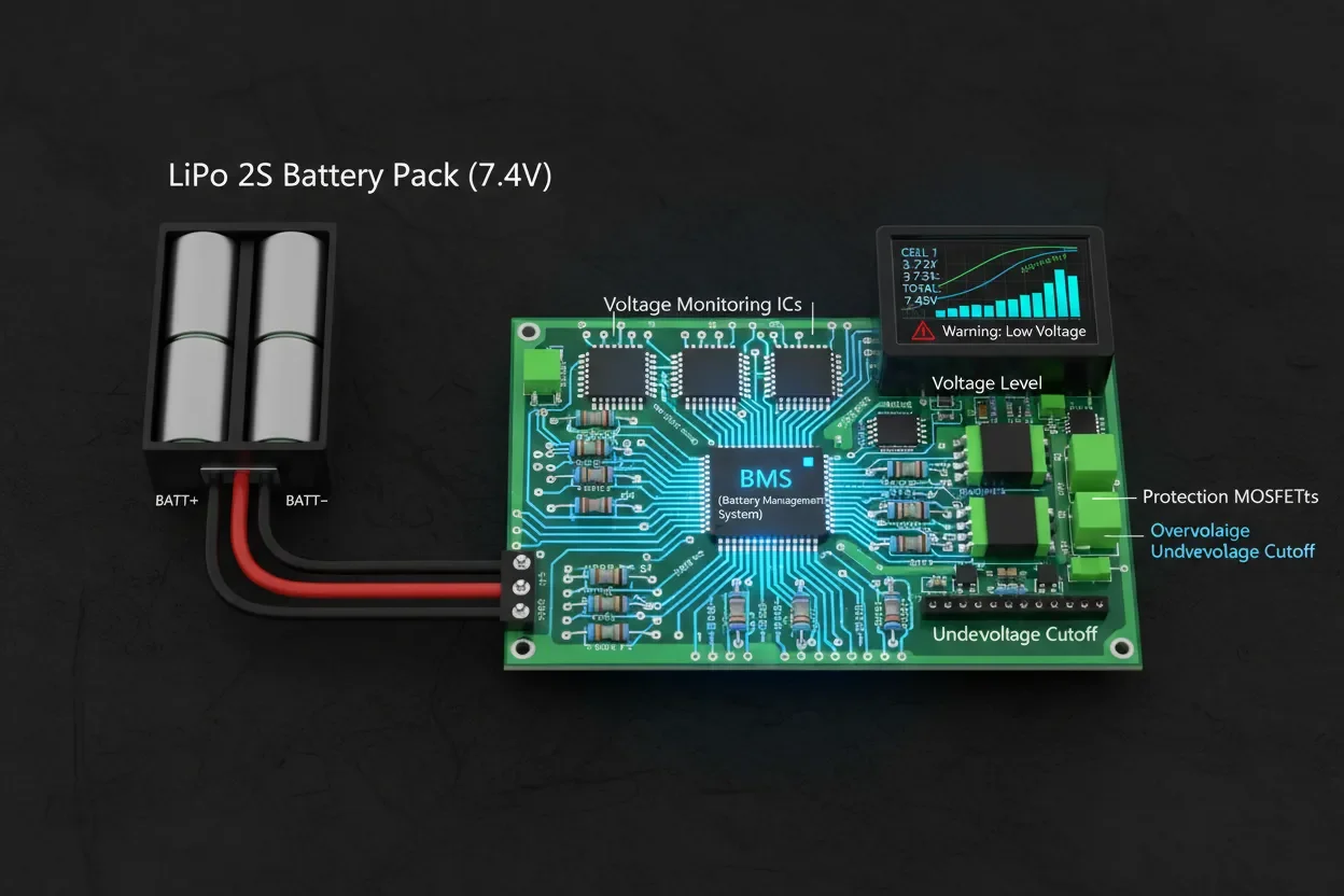 LiPo battery voltage monitoring and protection system for ESP32, ensuring safe battery management and extended battery life.