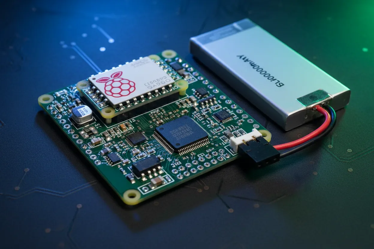 Raspberry Pi Pico integrated with a LiPo battery on a custom PCB for portable applications