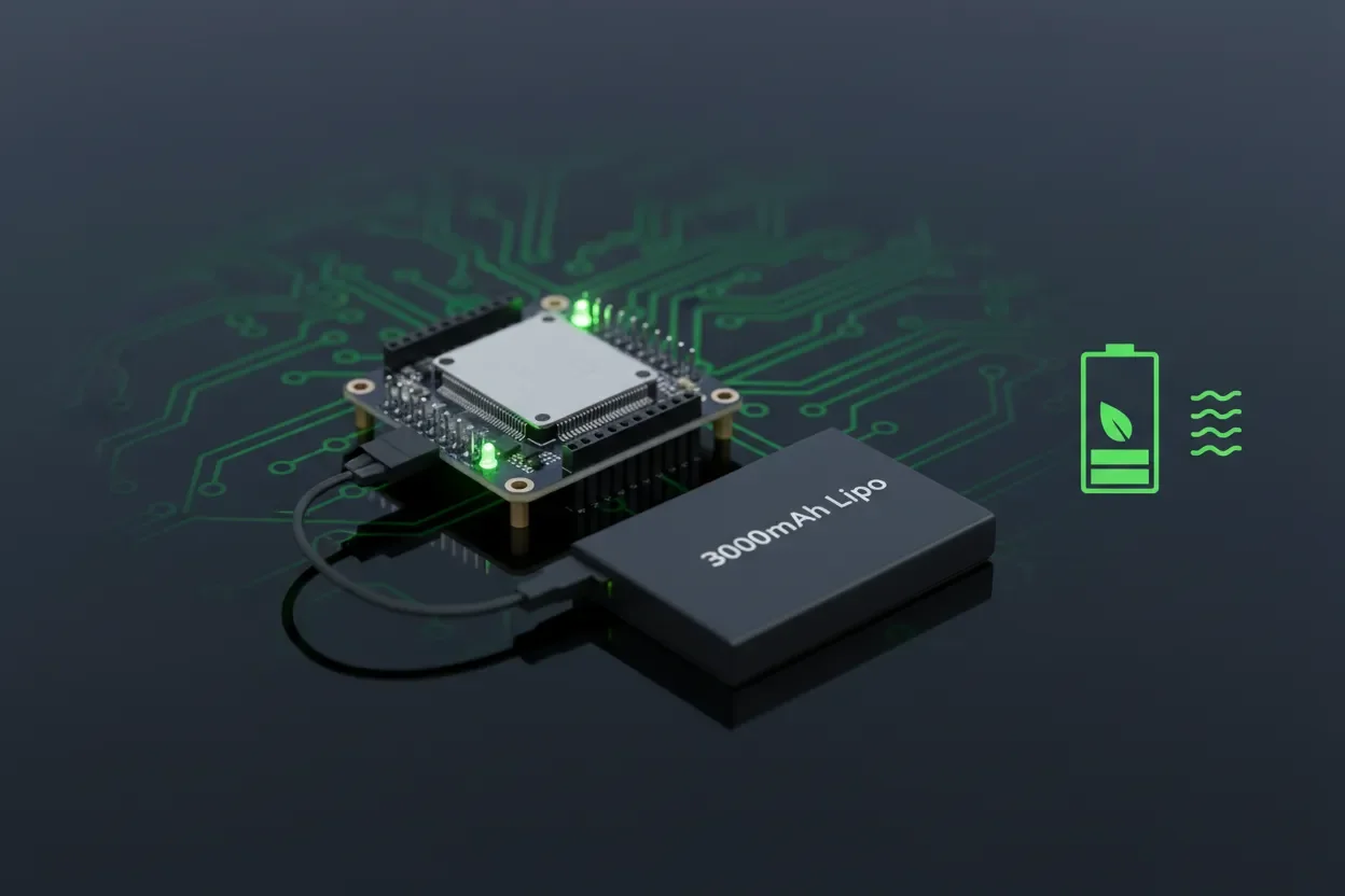 ESP32 running on a 3000mAh LiPo battery with power-saving techniques to maximize battery life for IoT projects.