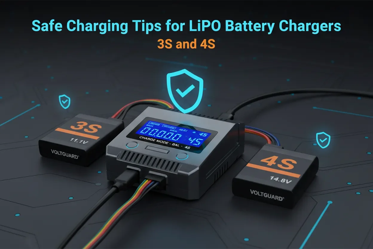 LiPo battery charger safely charging 3S 11.1V and 4S 14.8V lithium polymer batteries with balance charging and battery protection features.