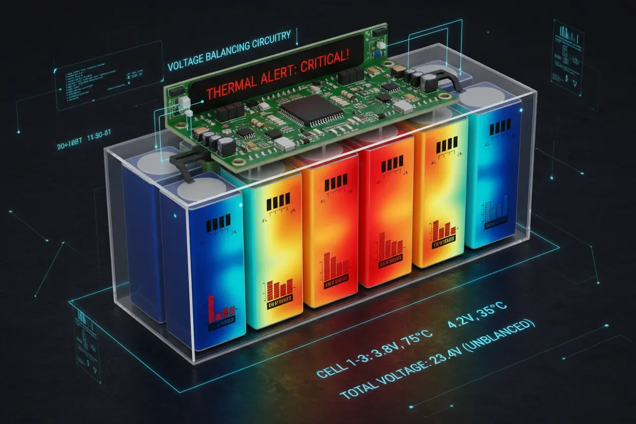 12V LiPo battery pack showing thermal management and voltage balancing system