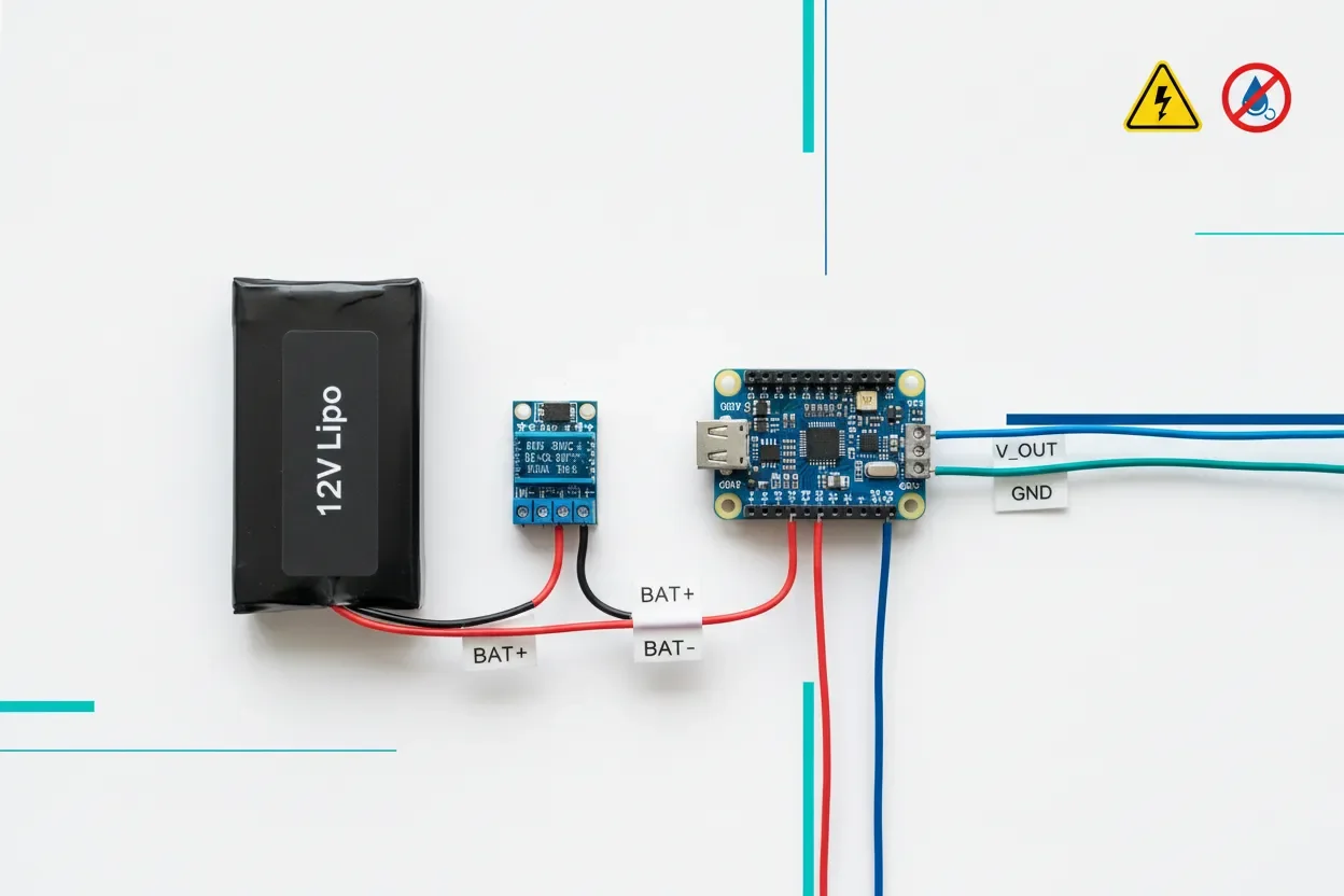 12V LiPo battery connected to Raspberry Pi Pico through a voltage converter