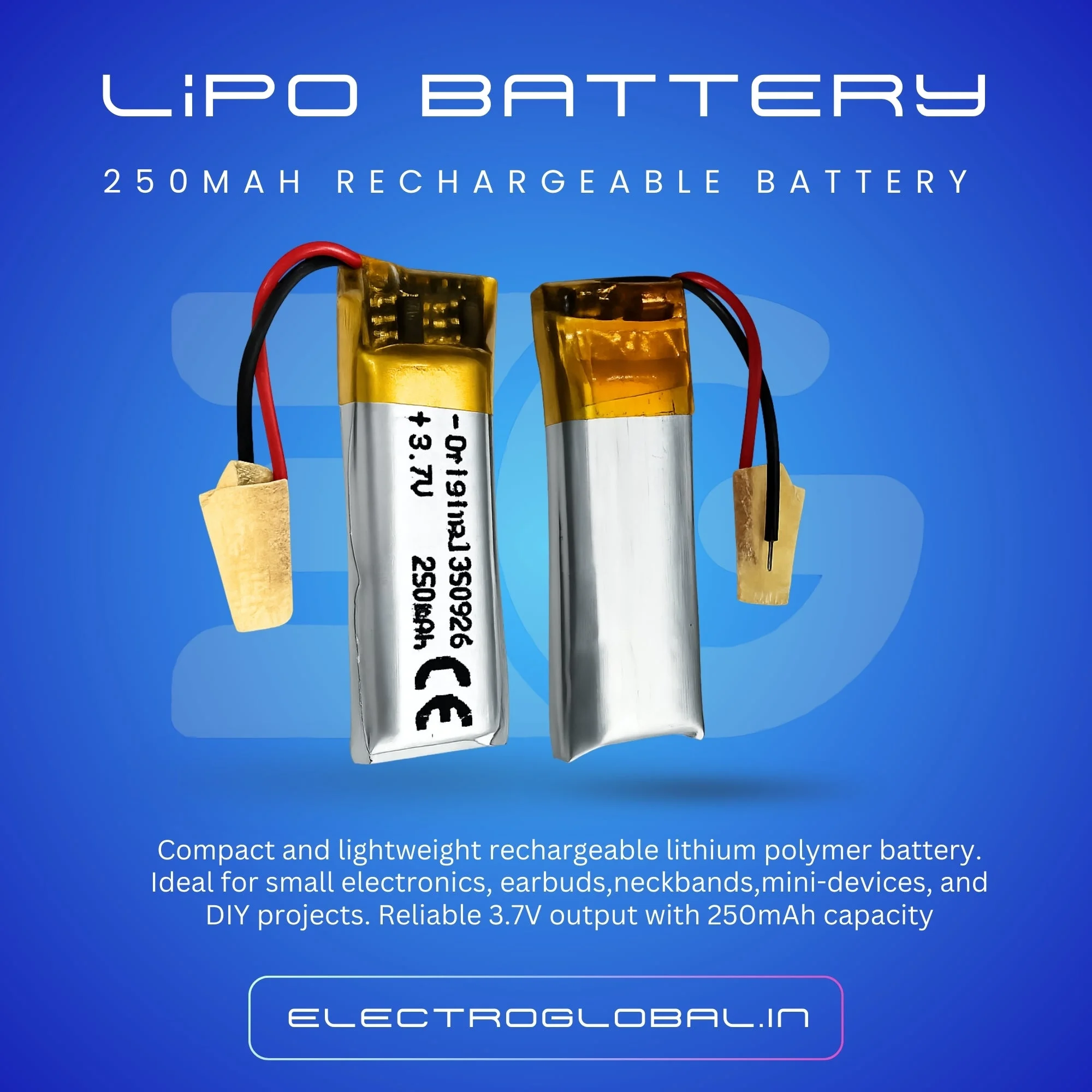 3.7V 250mAh LiPo Battery â Tiny Lithium Polymer Battery for Earbuds, Neckbands & Mini Devices alternate