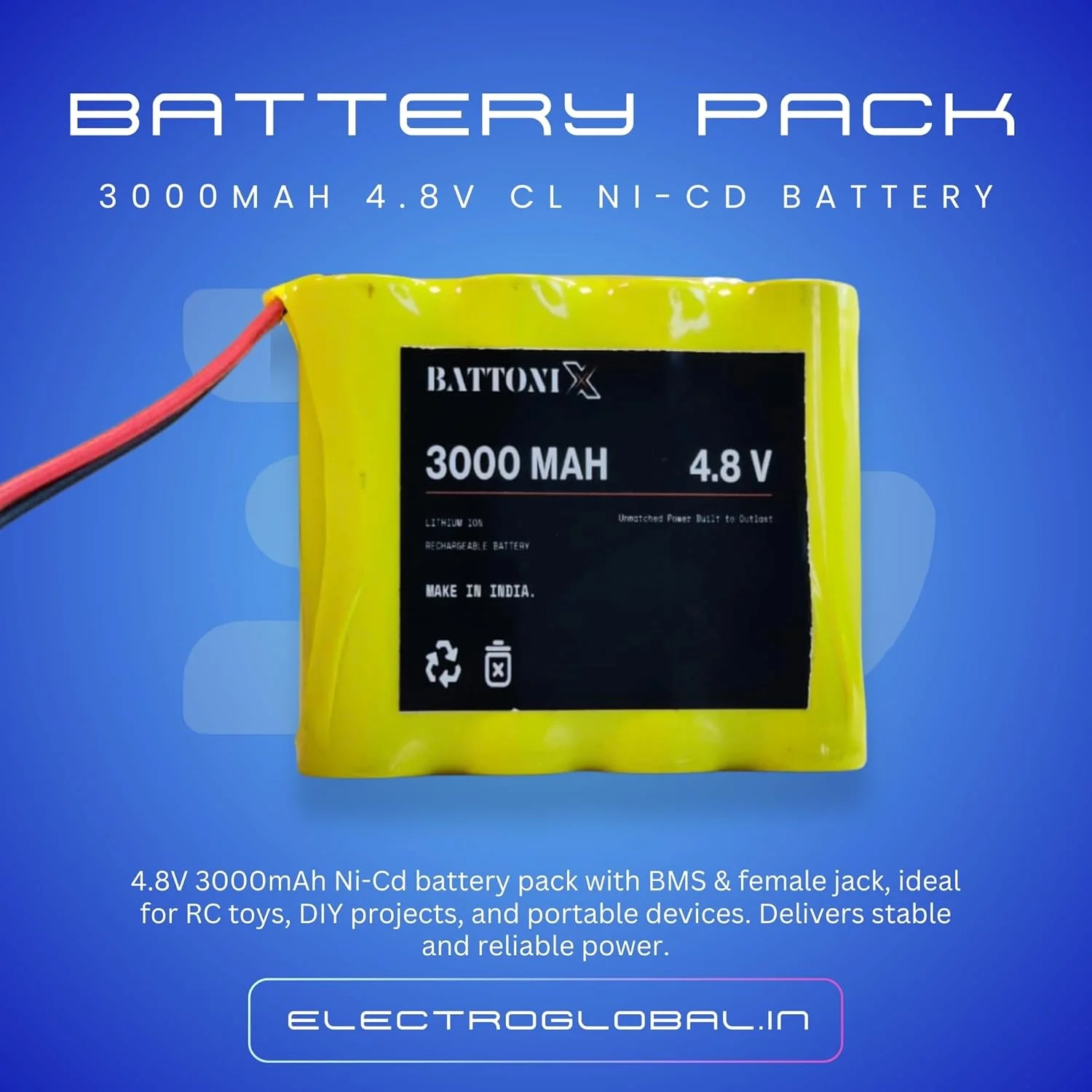 3000mAh 4.8V Rechargeable AA Battery Pack with BMS, 3-Cell Ni-Cd Pack, Long Life Cycle, 2-Pin Female Connector Jack for DIY Projects 4