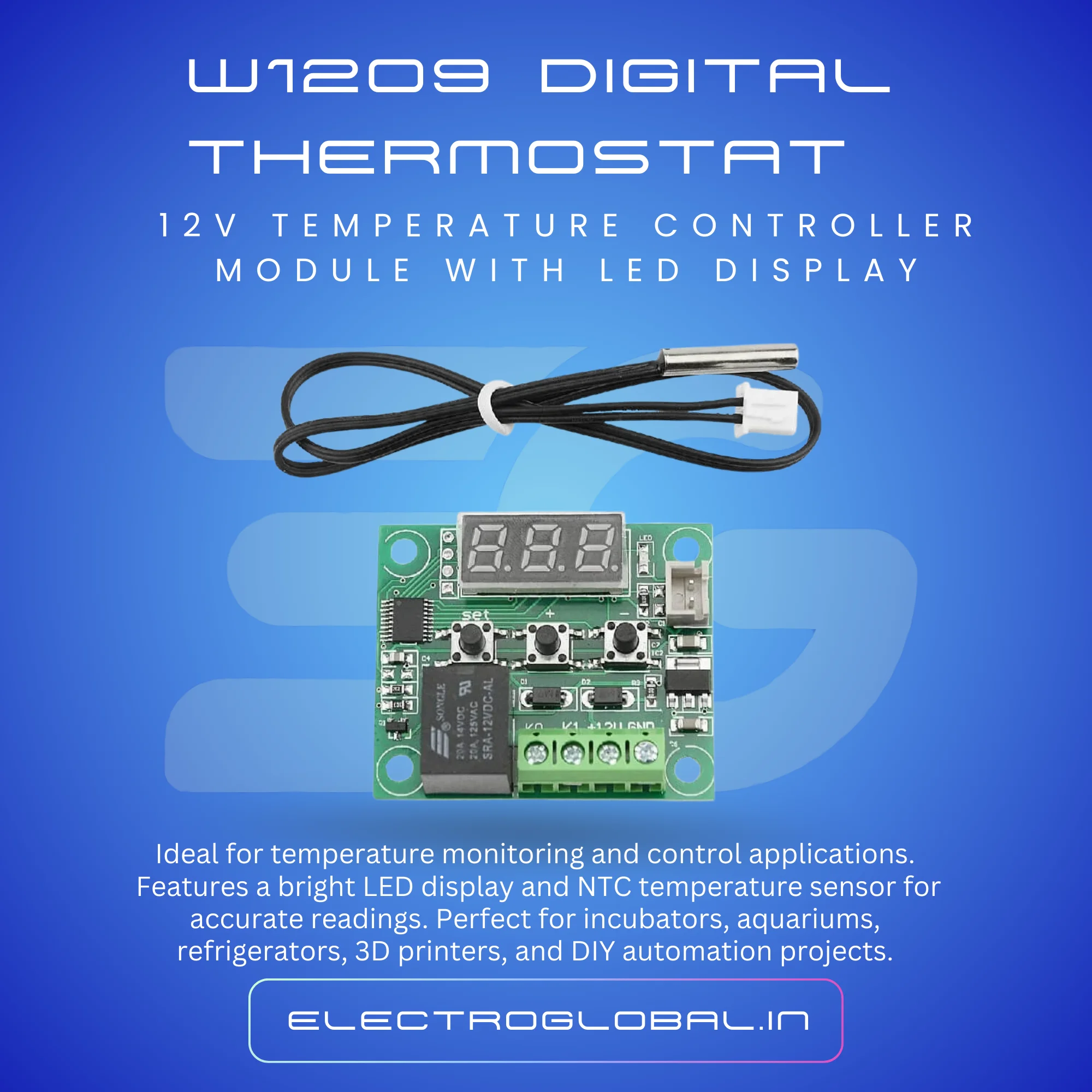 W1209 Module 12V With LED Display and NTC Temperature Sensor Digital Temperature Controller Thermostat 2